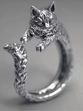 Silver Cat Wrap Ring - Cute Cat Jewelry